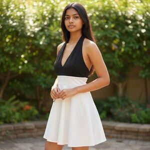 City Studio Elegant Black and Ivory Halter Neckline, Backless Dress NWT, Size S